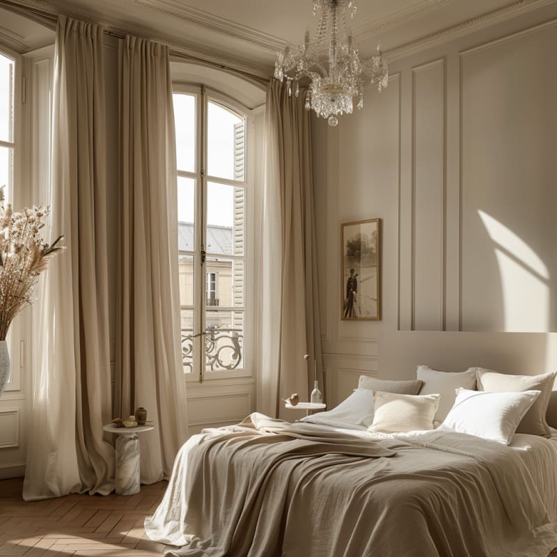 Parisian apartment bedroom featuring crystal chandelier arched windows cream linen bedding herringbone floors and morning light