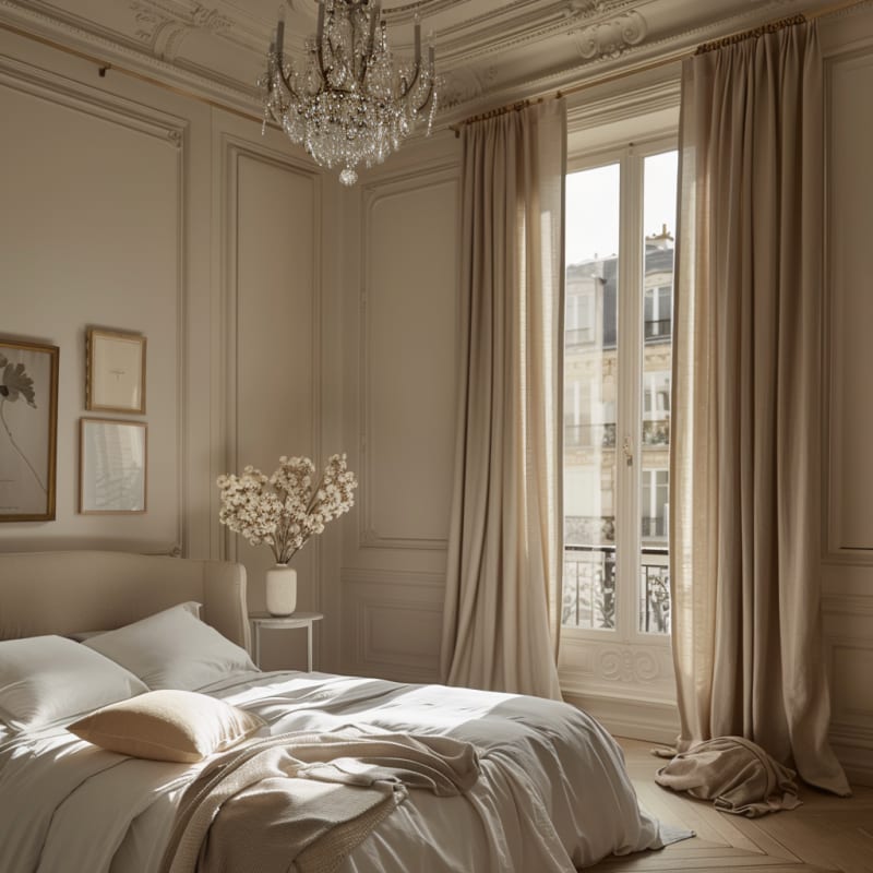Parisian apartment bedroom featuring crystal chandelier cream curtains white bedding morning light and classic molding