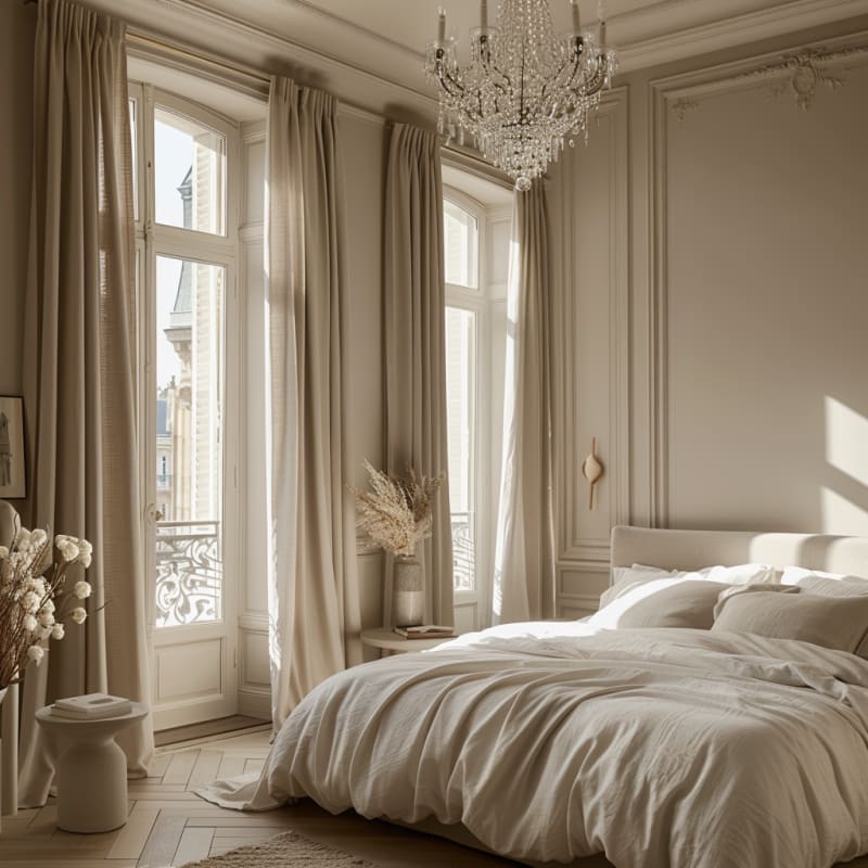 Parisian apartment bedroom featuring crystal chandelier floor to ceiling windows ornate moldings linen bedding and dried flowers in warm morning light