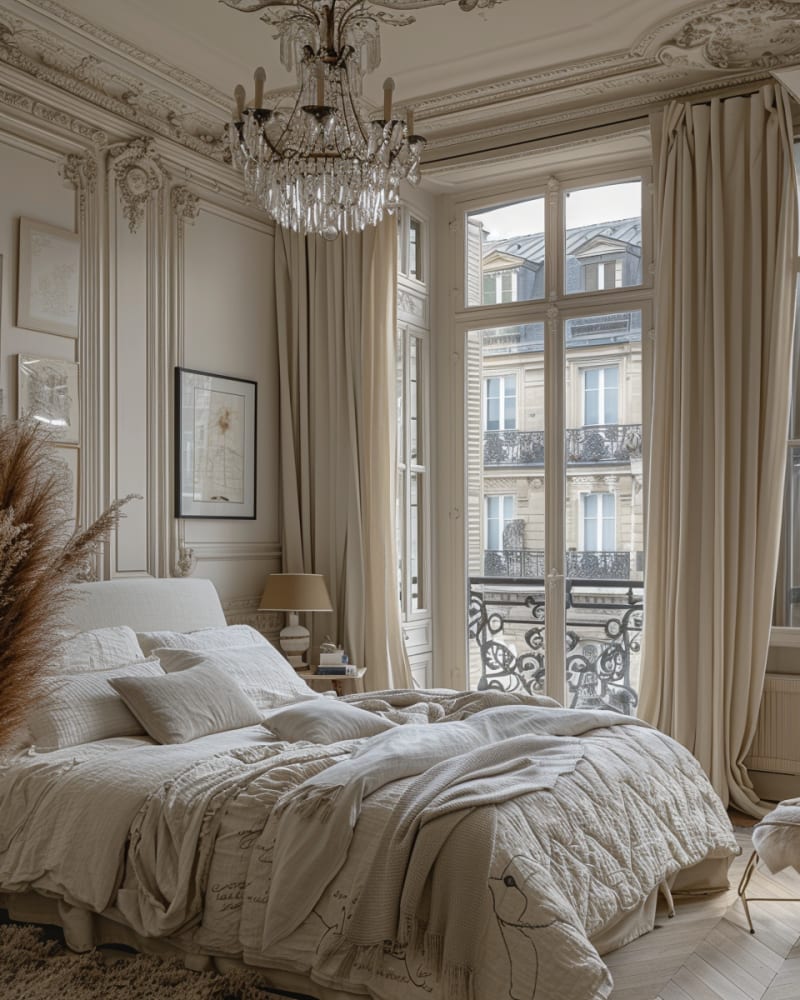 Parisian apartment bedroom featuring crystal chandelier floor to ceiling windows ornate moldings white linen bedding and cream curtains