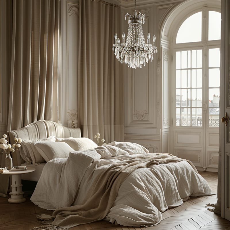 Parisian apartment bedroom featuring crystal chandelier French windows linen bedding herringbone floors and morning light