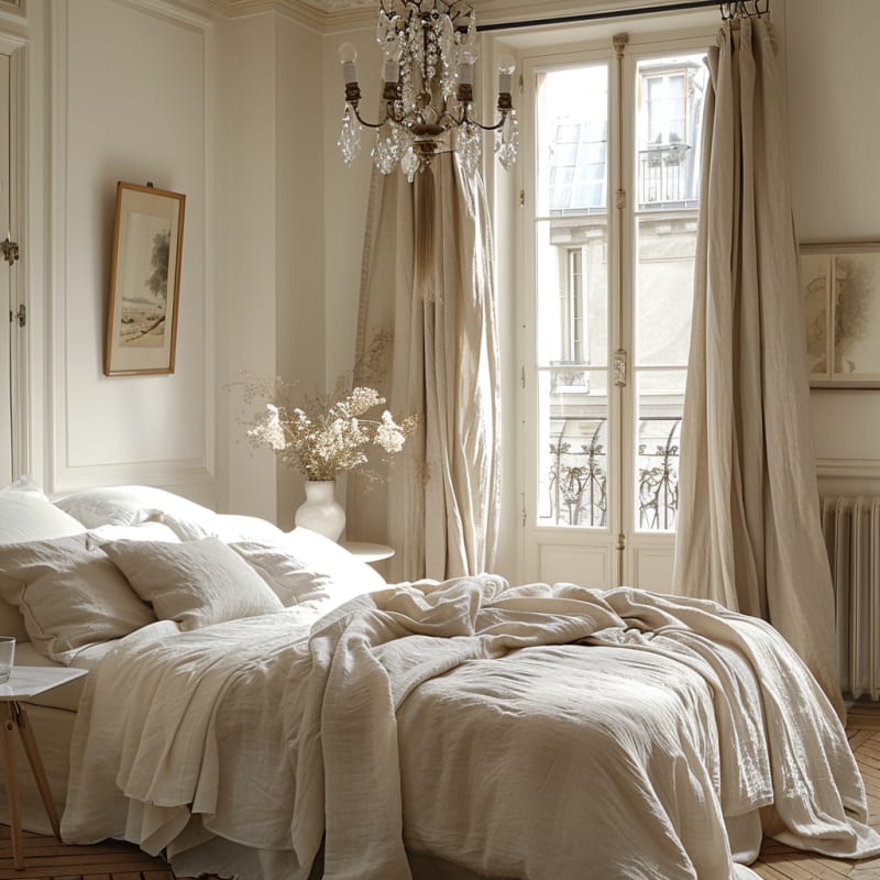 Parisian apartment bedroom featuring crystal chandelier French windows linen bedding morning light and dried flowers
