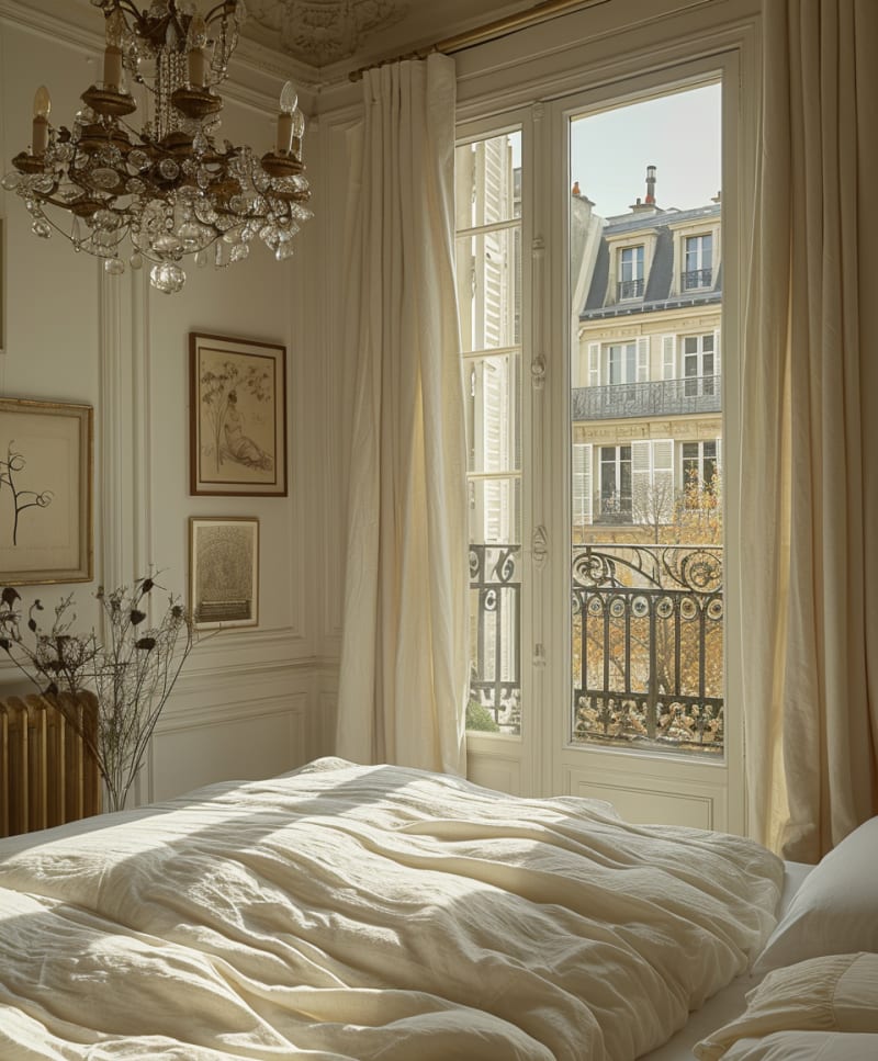 Parisian apartment bedroom featuring crystal chandelier French windows wrought iron balcony linen bedding vintage radiator and morning light