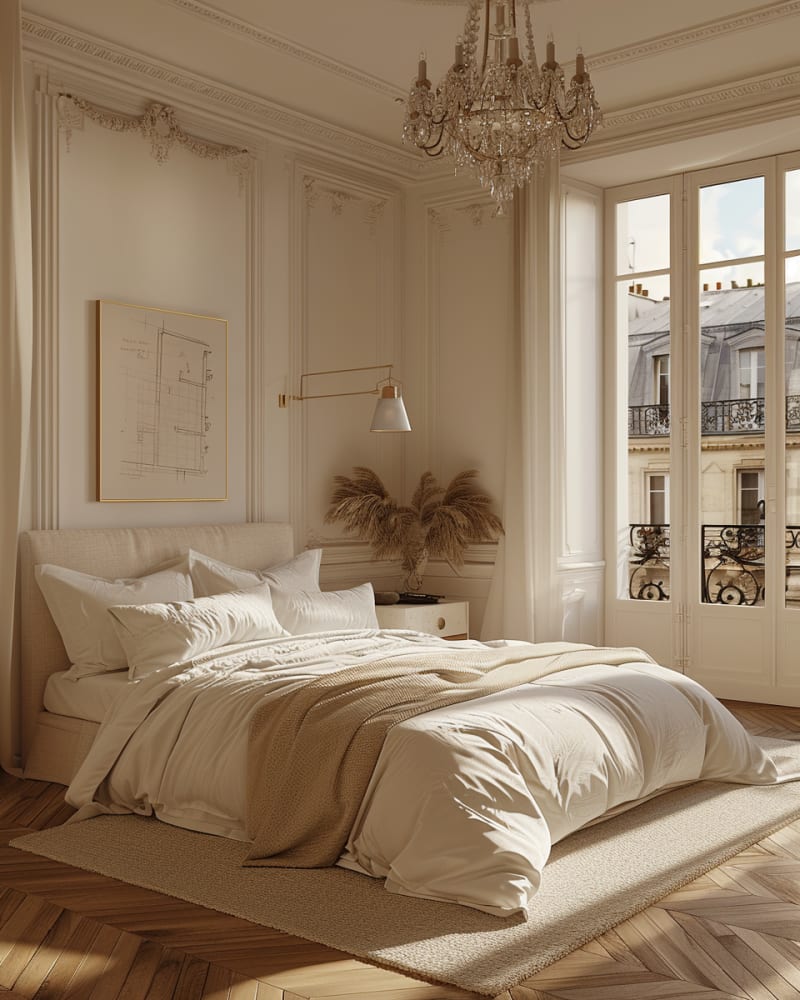 Parisian apartment bedroom featuring crystal chandelier ornate moldings french windows white bedding herringbone floors and morning light