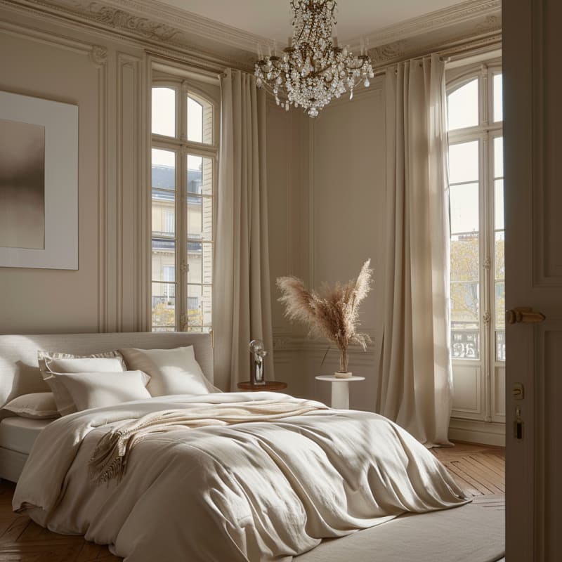 Parisian apartment bedroom featuring crystal chandelier tall windows white linen bedding crown molding and natural light