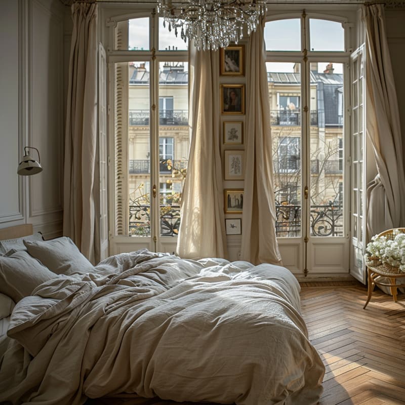 Parisian apartment bedroom featuring French windows crystal chandelier linen bedding herringbone floors gallery wall and city views