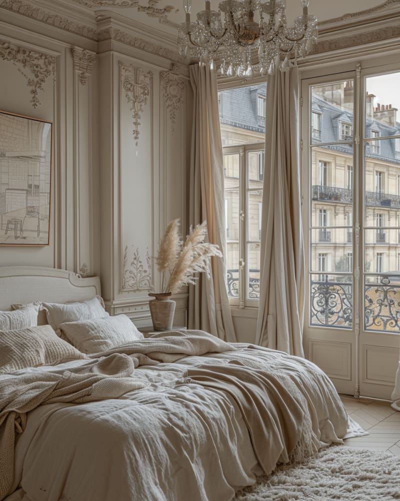 Parisian apartment bedroom featuring ornate crown molding crystal chandelier French windows linen bedding and city views