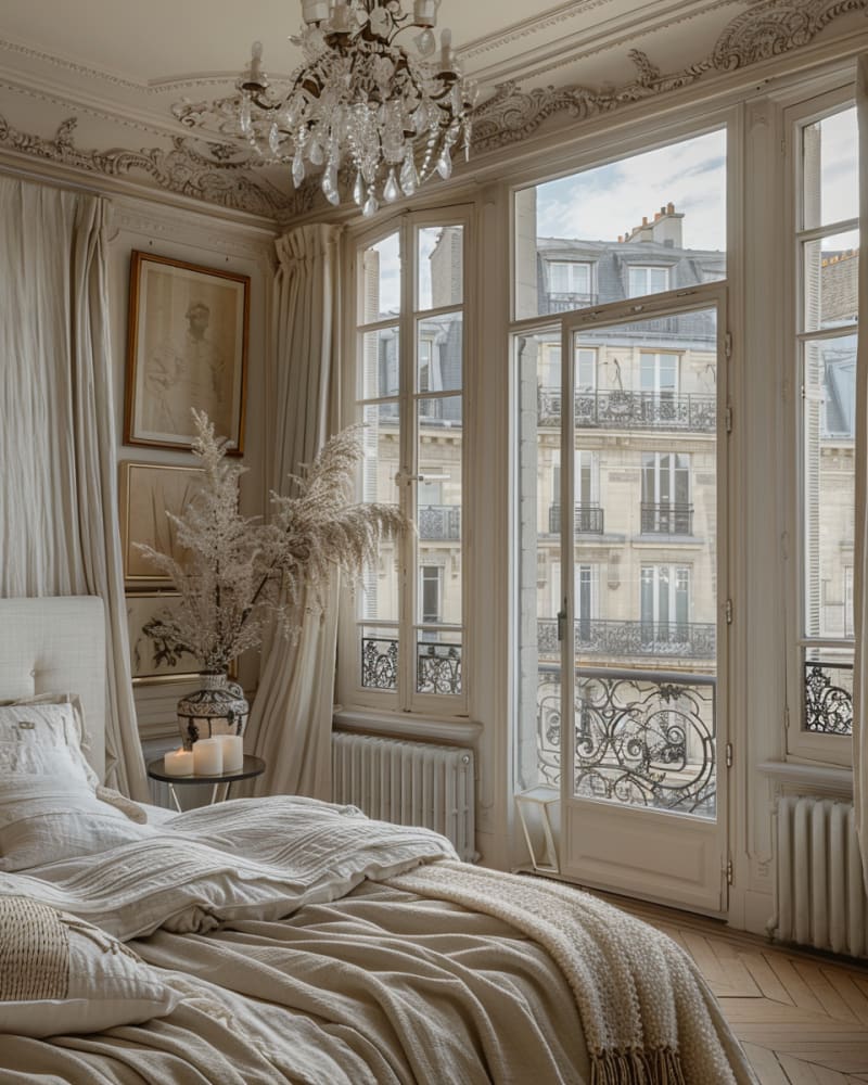 Parisian apartment bedroom featuring ornate crystal chandelier French windows iron balcony white linens and morning light