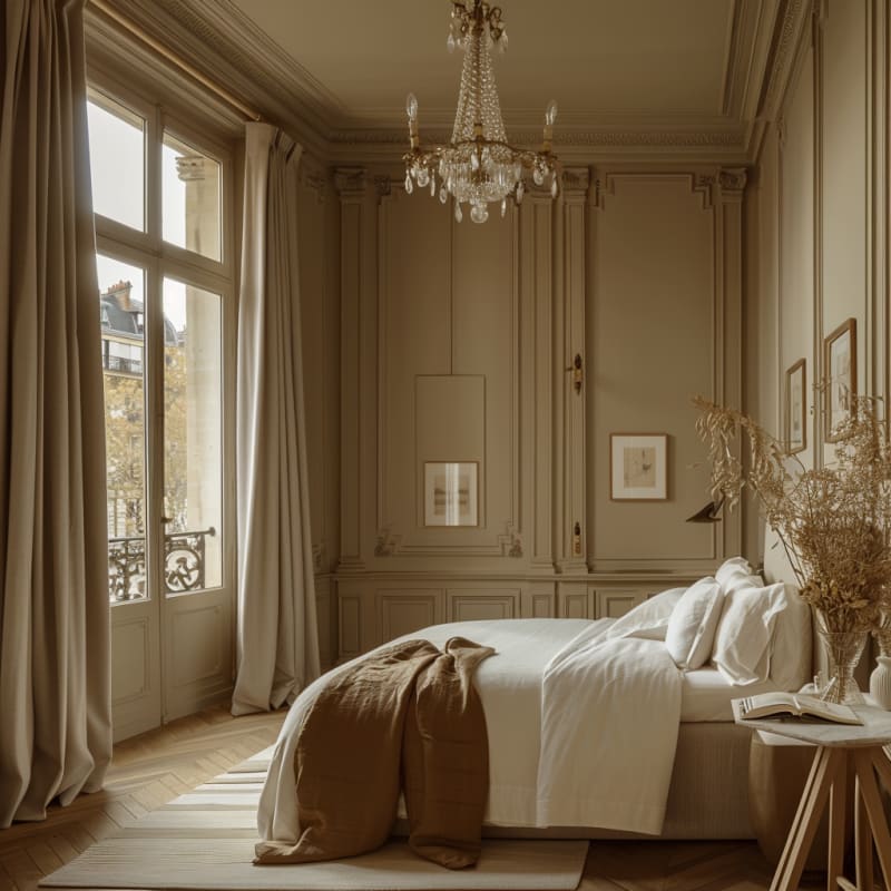 Parisian apartment bedroom featuring ornate moldings crystal chandelier floor to ceiling windows white bedding and morning light