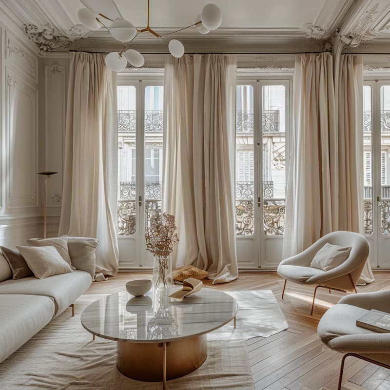 Parisian apartment living room with ornate moldings, floor-to-ceiling windows, and modern minimalist furniture