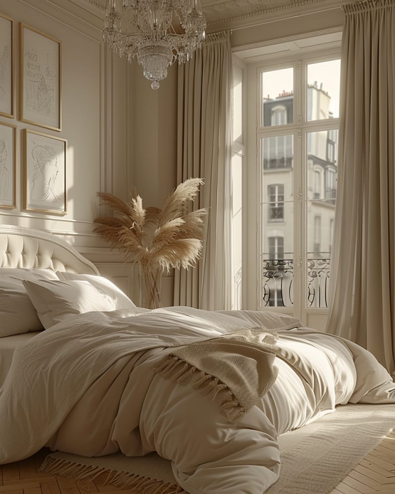 Parisian bedroom featuring crystal chandelier cream bedding pampas grass french windows and soft morning light