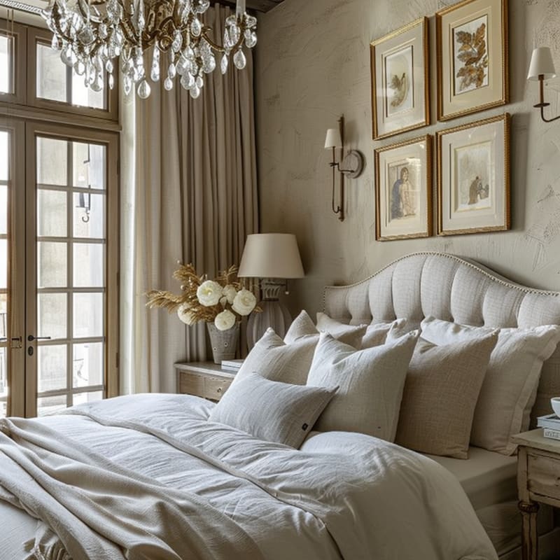 Parisian bedroom featuring crystal chandelier French doors tufted headboard linen bedding antique artwork and morning light