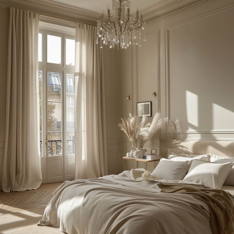 Parisian bedroom featuring crystal chandelier French windows white linen bedding morning light and pampas grass decor