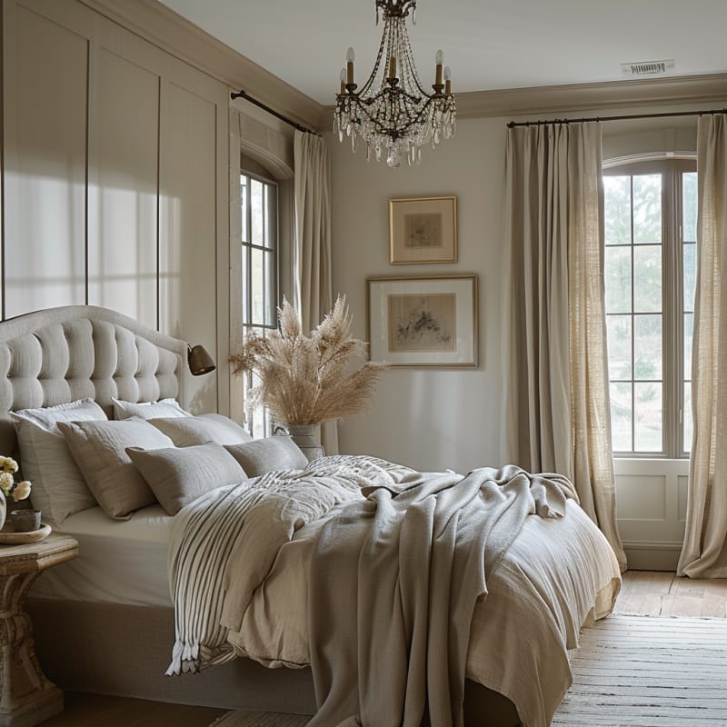 Parisian bedroom featuring crystal chandelier white linen bedding beige curtains crown molding dried flowers and natural light