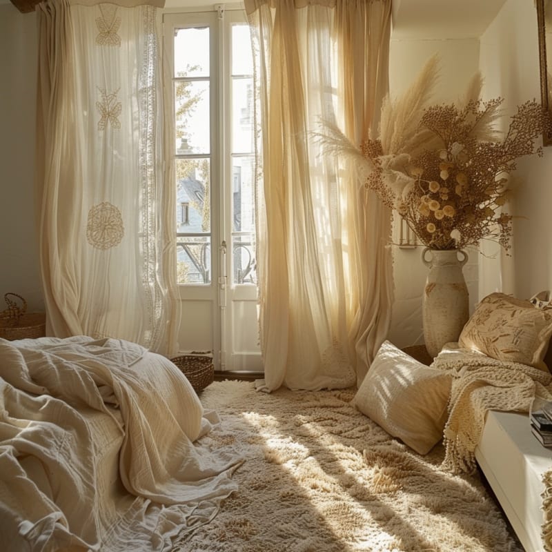 Parisian bedroom featuring French windows sheer curtains natural light dried flowers textured bedding and cozy carpet in neutral tones