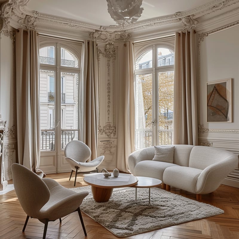 Parisian corner living room with curved modern furniture, ornate moldings, and floor-to-ceiling arched windows overlooking autumn trees