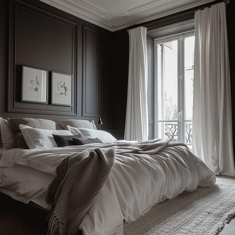 Parisian dark bedroom with charcoal wall paneling, white curtains, minimal art, French windows, and luxury bedding
