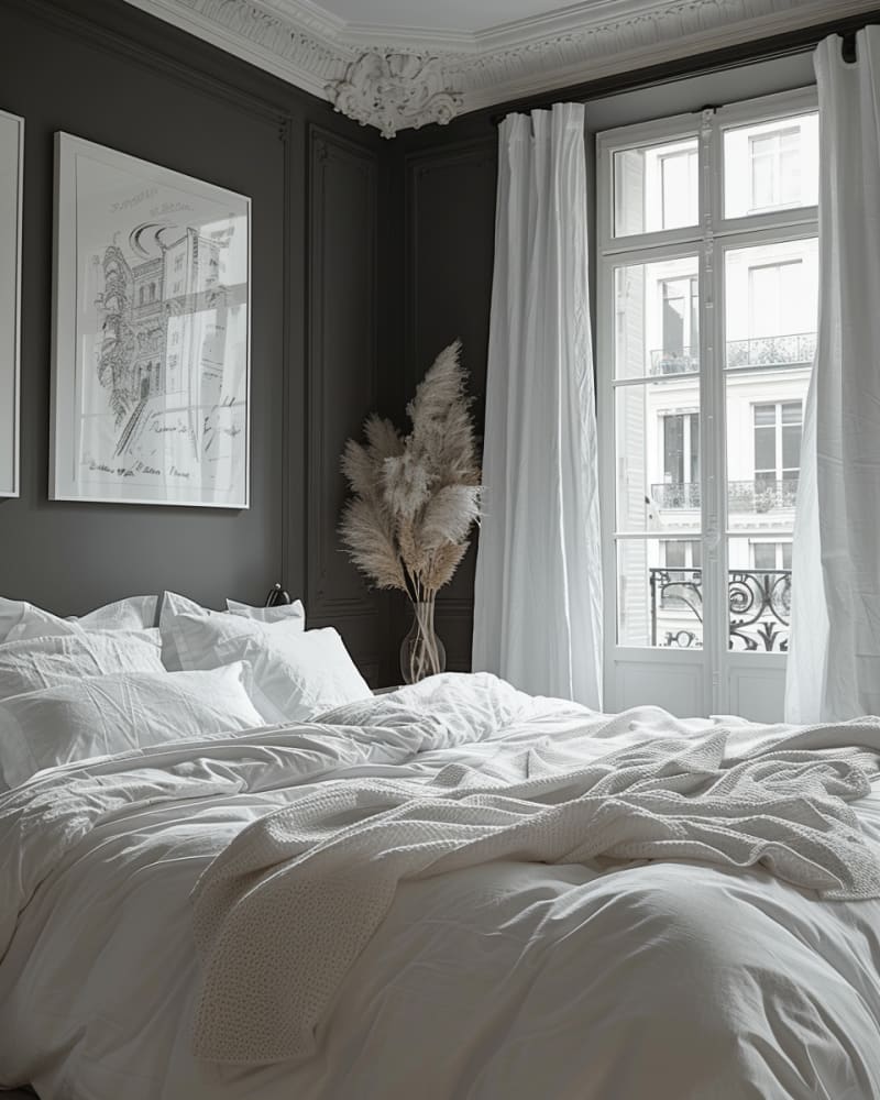 Parisian dark bedroom featuring ornate crown molding, charcoal walls, white linen bedding, architectural sketch art, sheer curtains, French windows, pampas grass, minimalist design