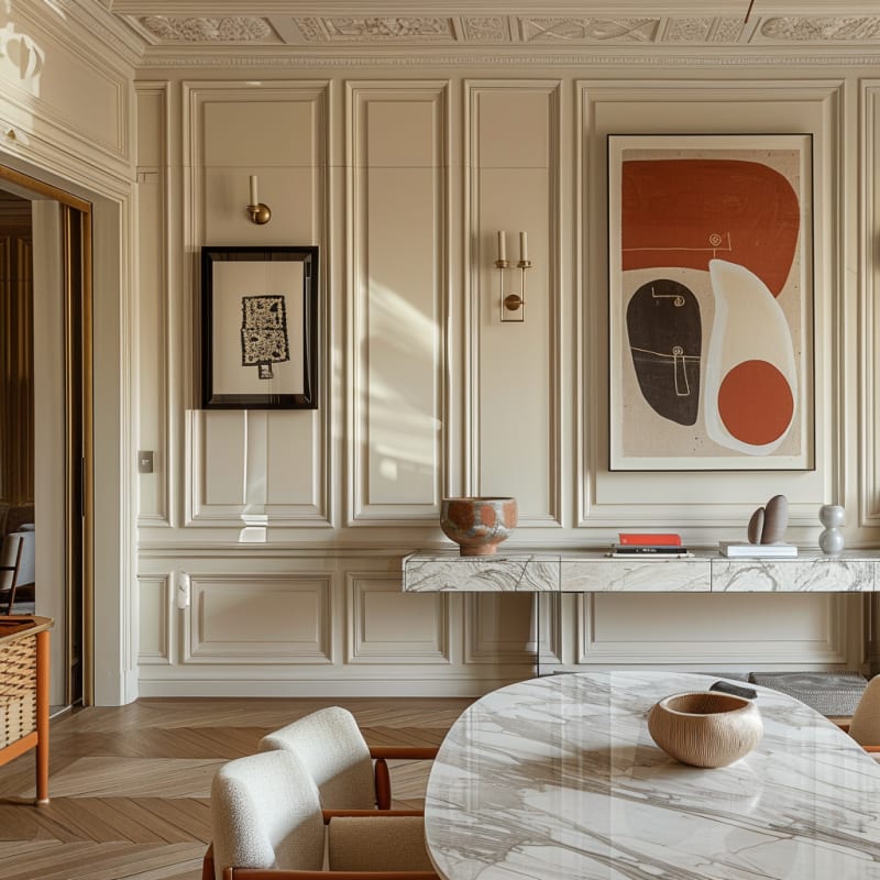 Parisian dining room with modern art, marble surfaces, and classical wall panels featuring terracotta abstract artwork