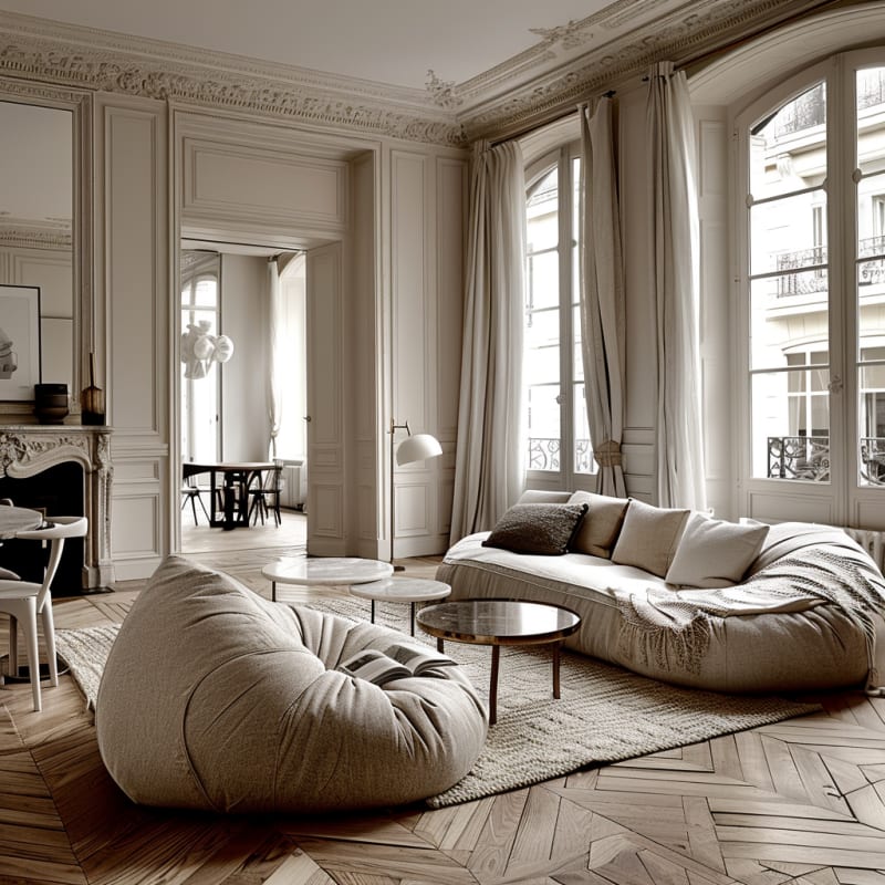 Parisian living room with cloud-like sofas, herringbone floors, and classical moldings in warm monochrome tones