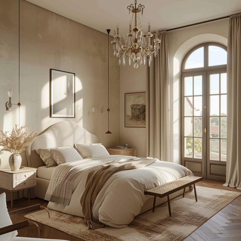 Parisian morning bedroom featuring arched windows crystal chandelier soft textiles natural light and elegant neutral palette