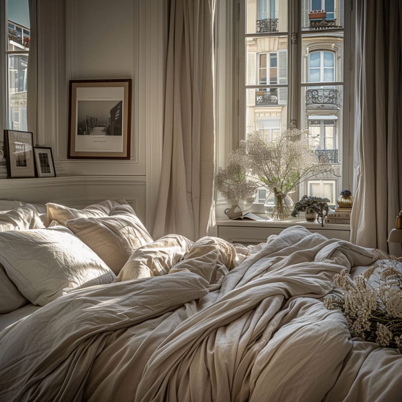 Parisian morning light streams into elegant bedroom with rumpled linen bedding baby breath flowers and black and white art