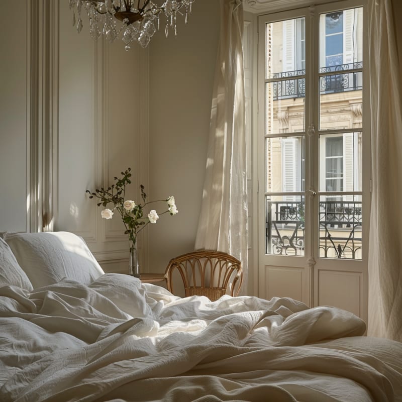 Parisian morning light streams through French windows illuminating unmade linen bed crystal chandelier and fresh roses