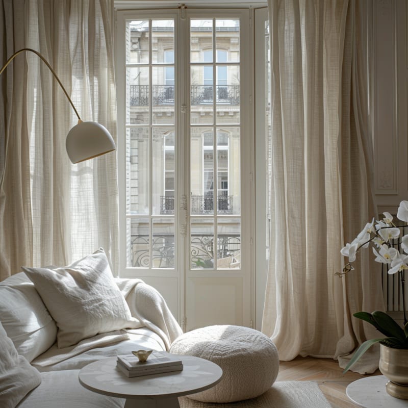 Parisian reading nook with French windows, linen curtains, cozy seating, and modern arc lamp in all-white palette