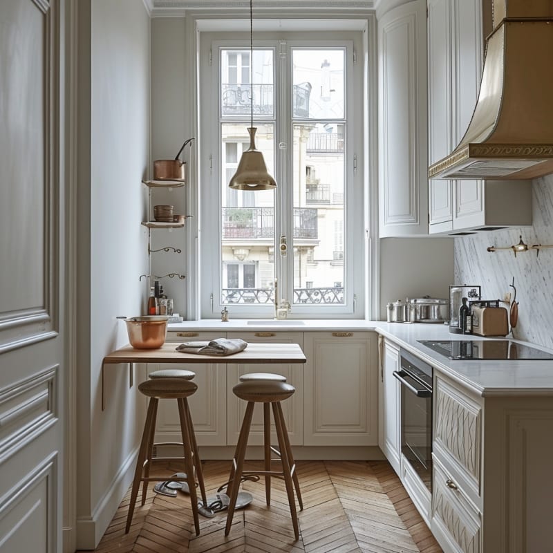 Petite Parisian kitchen with tall windows, herringbone floors, marble backsplash, and copper accents in classic white cabinetry