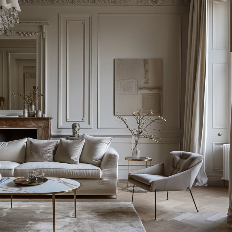 Refined Parisian living room with marble fireplace, boucle chair, panel moldings, and contemporary neutral furnishings