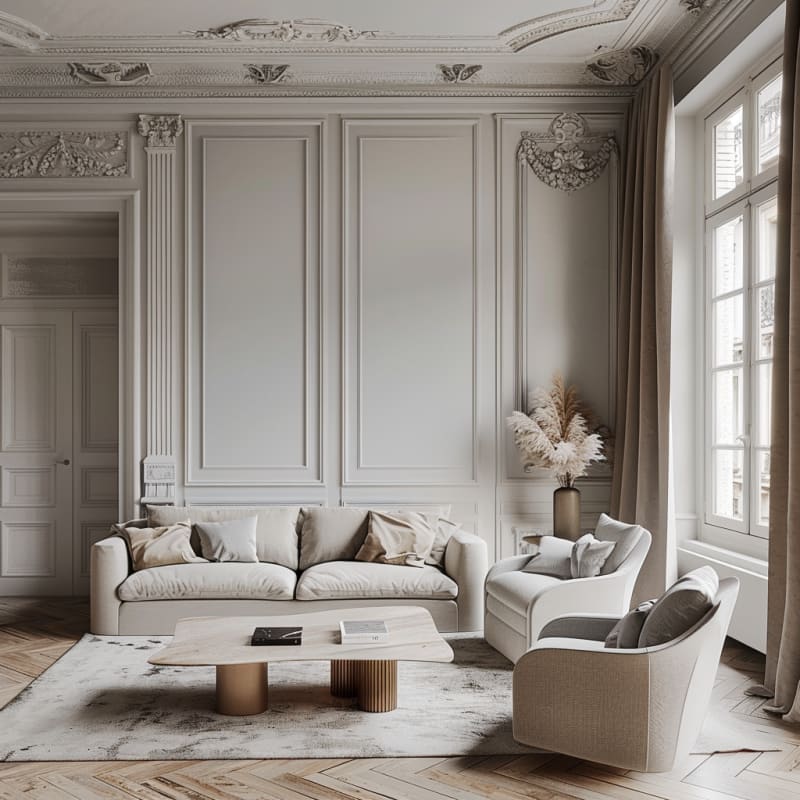 Refined Parisian living room with ornate wall panels, plush modern seating, and pampas grass in monochromatic palette