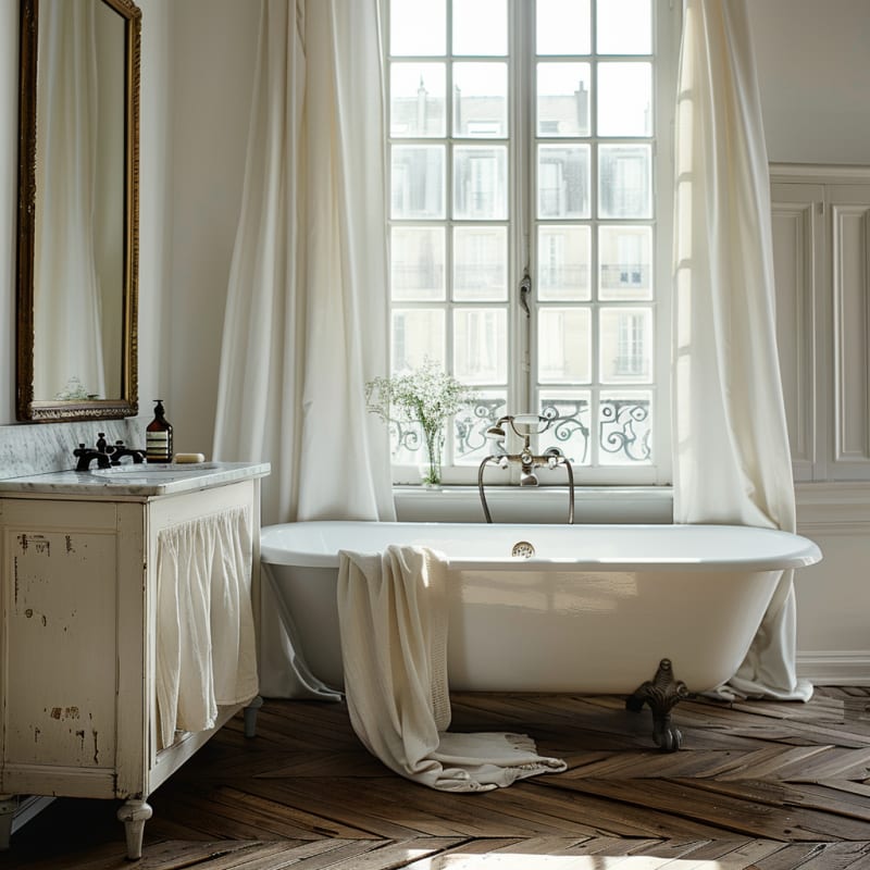 Romantic French bathroom with vintage clawfoot tub, marble vanity, and tall windows with flowing white curtains on herringbone floors