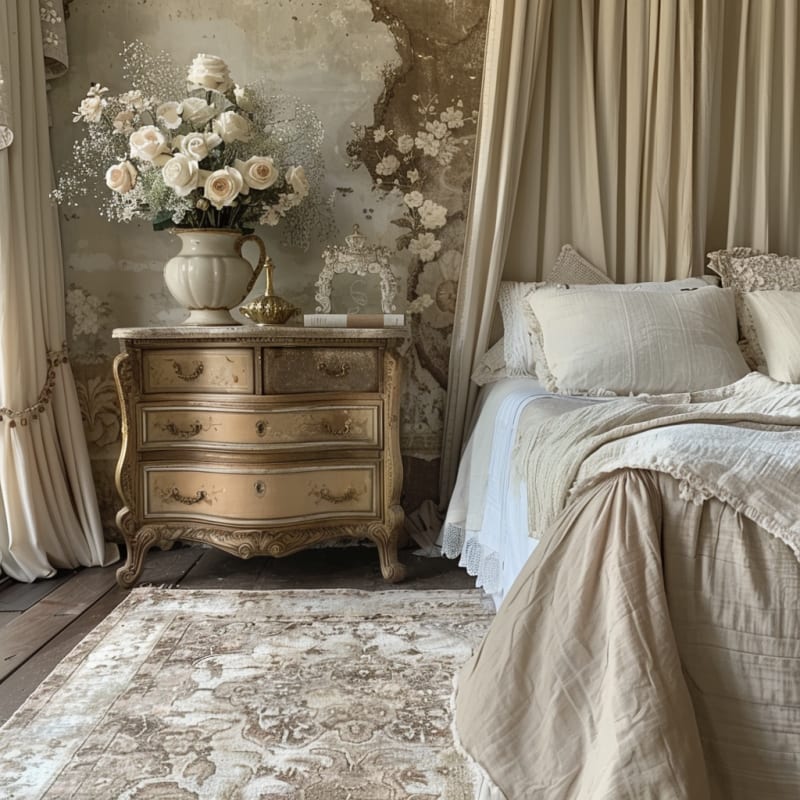 Romantic French bedroom featuring antique dresser floral wallpaper white roses lace bedding and flowing curtains