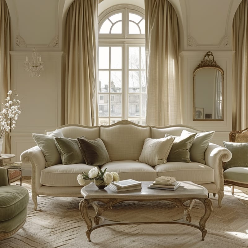 Romantic French living room with crystal chandelier, curved sofa, gilded coffee table, and arched windows in cream and sage tones