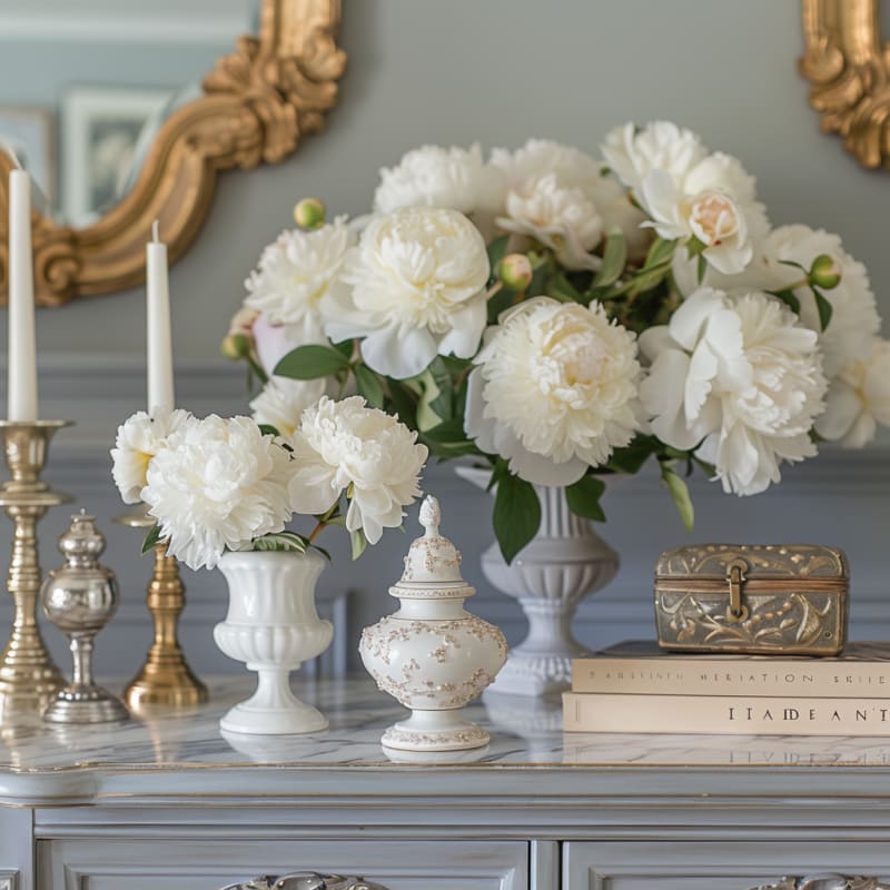 Romantic French styling with white peonies, vintage brass candlesticks, and ornate decorative objects on marble console