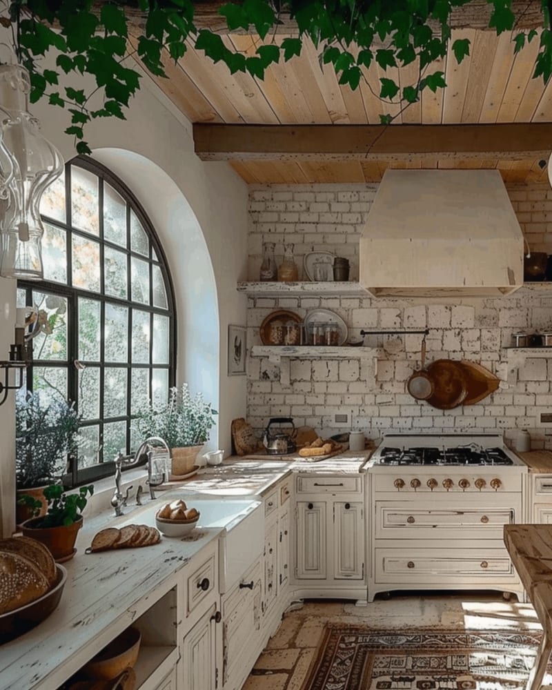 Rustic cottage kitchen featuring arched window whitewashed brick walls distressed cabinets wooden beams vintage range climbing plants and natural light