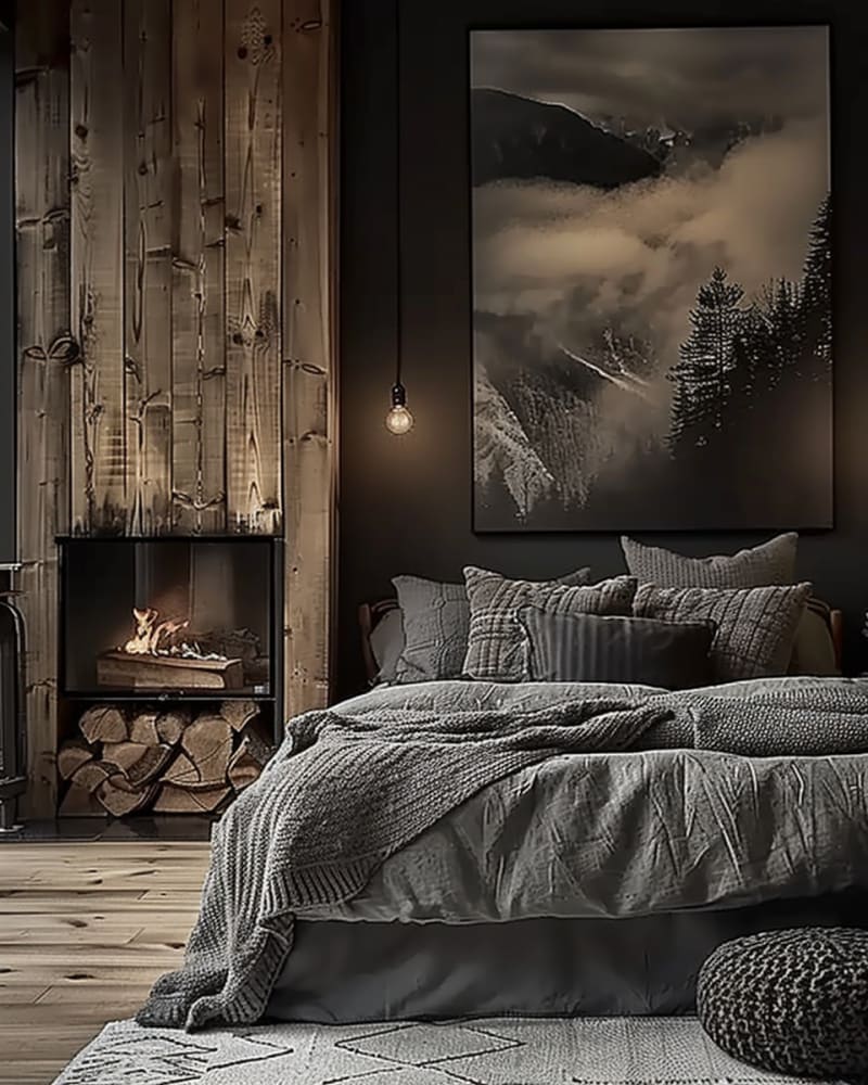 Rustic dark bedroom with wood paneling, fireplace, mountain artwork, textured bedding, ambient lighting, cozy retreat