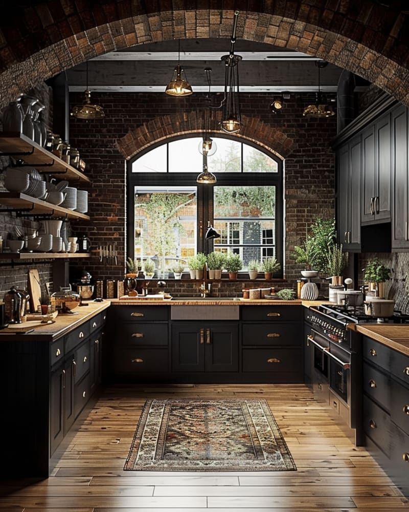 Rustic farmhouse kitchen featuring brick arch doorways dark wood cabinets butcher block countertops vintage pendant lights Persian rug and arched window with herb garden