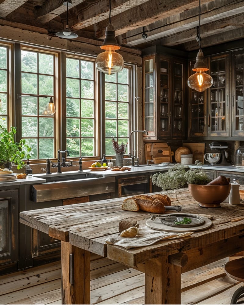 Rustic farmhouse kitchen featuring large gridded windows vintage glass pendant lights reclaimed wood table black cabinets farmhouse sink fresh herbs and exposed wooden beams