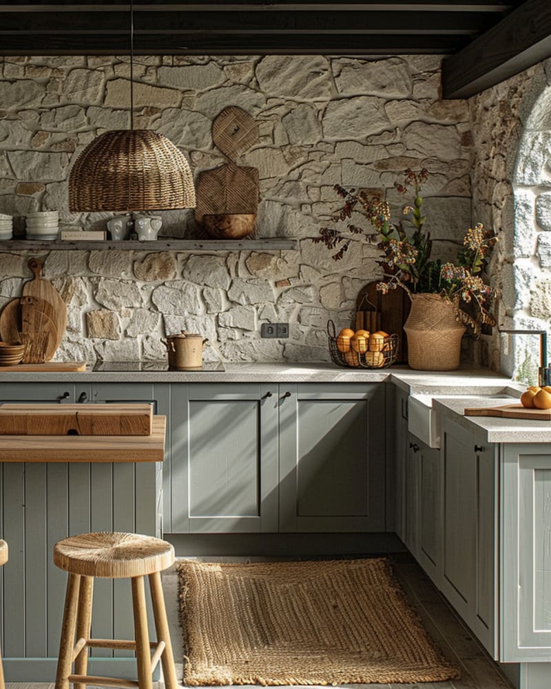 Rustic farmhouse kitchen featuring natural stone walls sage green cabinets woven pendant light wooden cutting boards jute rug and morning sunlight