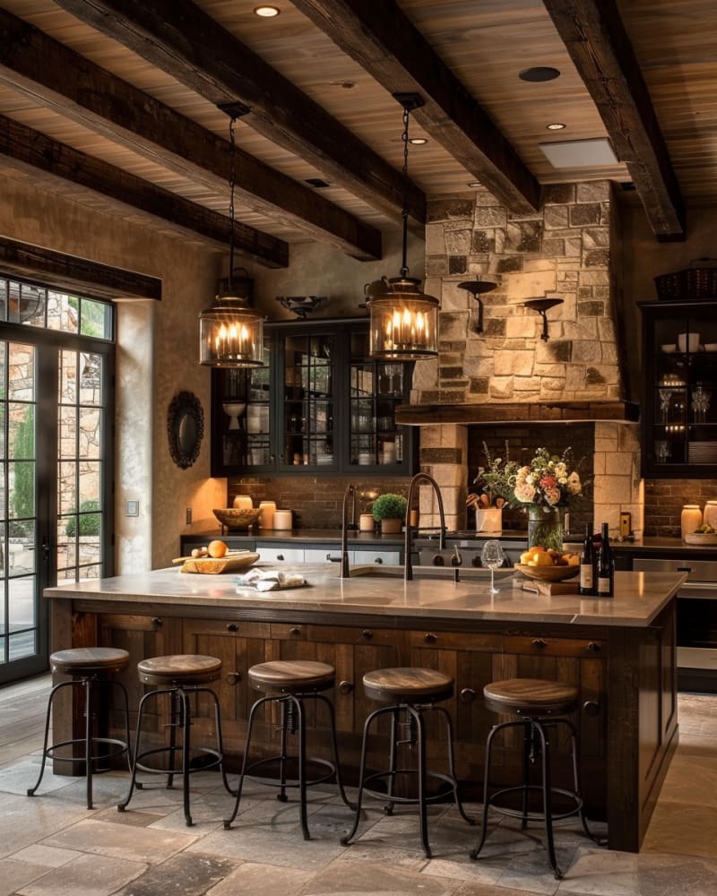 Rustic farmhouse kitchen featuring stone walls exposed wooden beams glass lantern pendants vintage bar stools black framed doors and warm ambient lighting