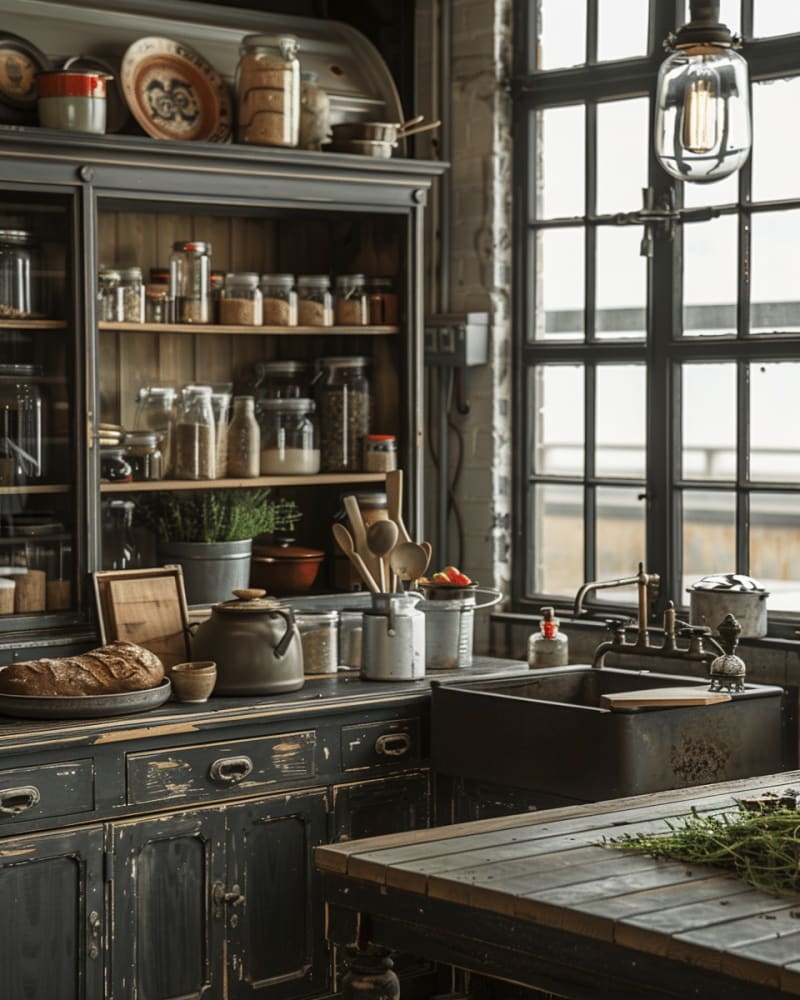 Rustic farmhouse kitchen featuring vintage black cabinets glass storage jars industrial pendant light farmhouse sink wooden worktop and fresh herbs