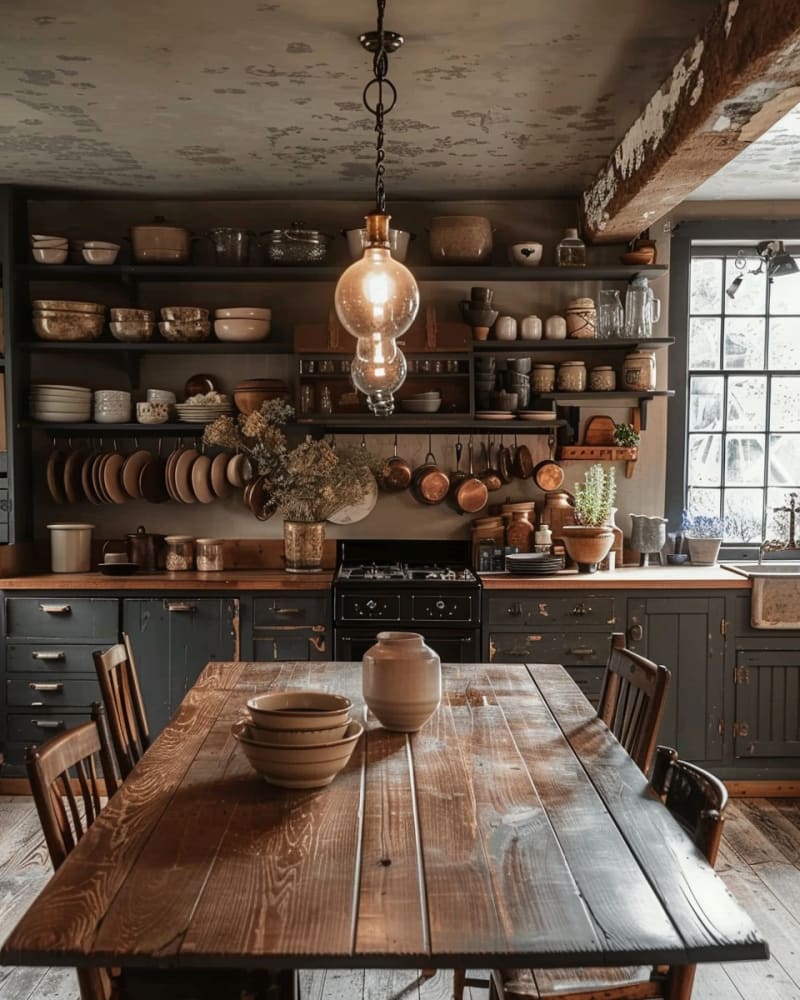 Rustic farmhouse kitchen featuring vintage black cabinets wooden dining table copper cookware collection open shelving ceramic pottery glass pendant light and traditional windows