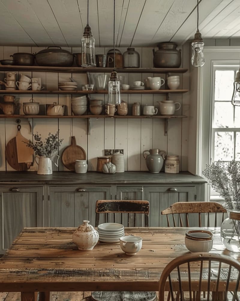 Rustic farmhouse kitchen featuring vintage grey cabinets wooden shelving antique ceramics collection weathered dining table windsor chairs glass pendant lights and dried flowers