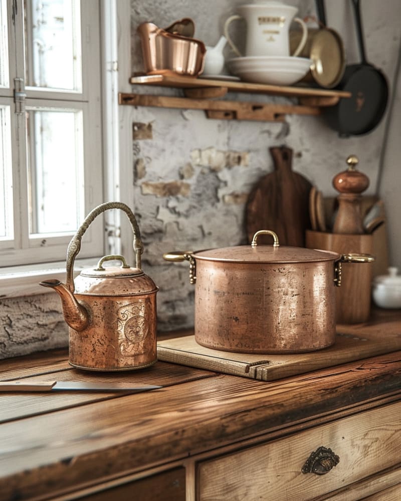 Rustic French country kitchen featuring vintage copper cookware weathered wooden counter distressed stone wall antique teapot and natural lighting