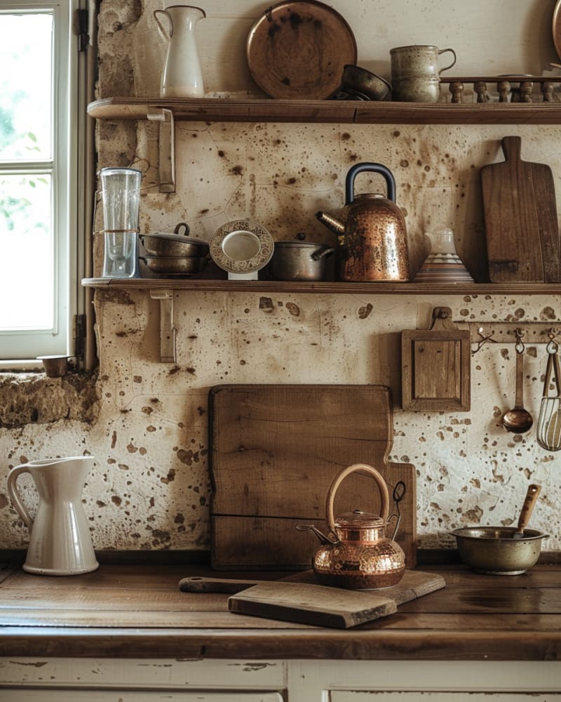 Rustic French country kitchen featuring vintage copper kettle weathered wooden cutting boards antique ceramics distressed wall natural lighting