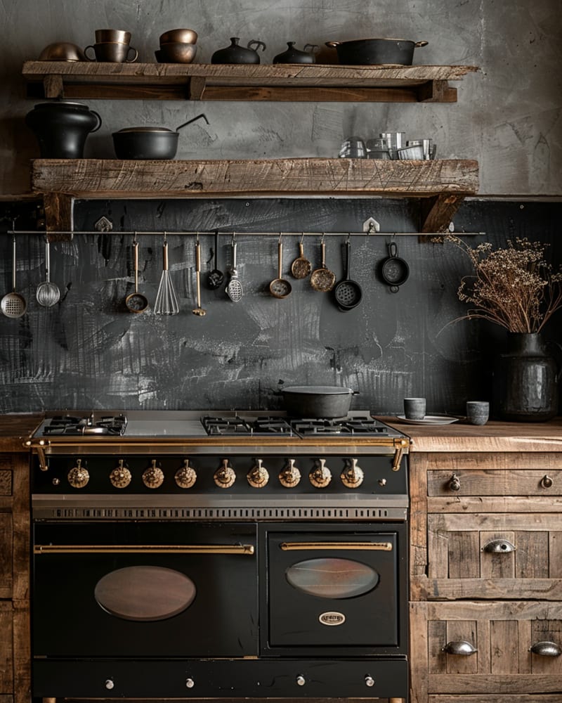 Rustic French kitchen featuring vintage black range copper accents weathered wood cabinets hanging cookware collection concrete walls and antique utensils