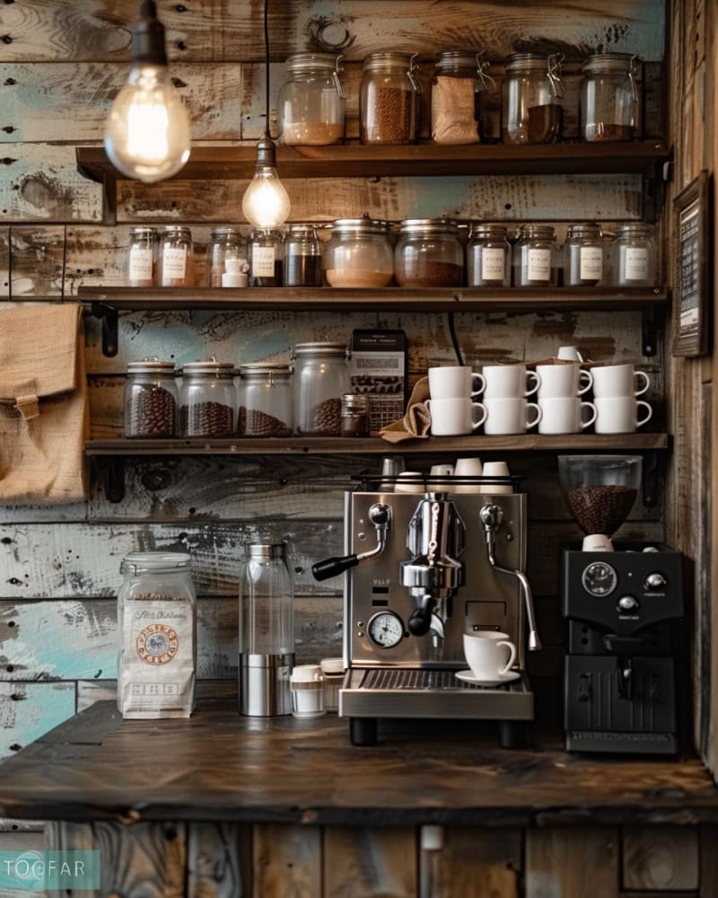 Rustic industrial coffee station featuring vintage espresso machine glass storage jars wooden shelving edison bulbs white ceramic cups and weathered wood wall