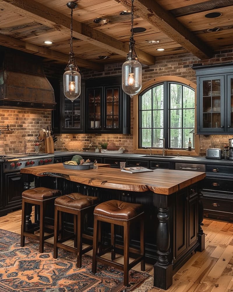 Rustic industrial kitchen featuring black cabinets exposed wooden beams brick walls arched window live edge island leather barstools vintage pendant lights Persian rug