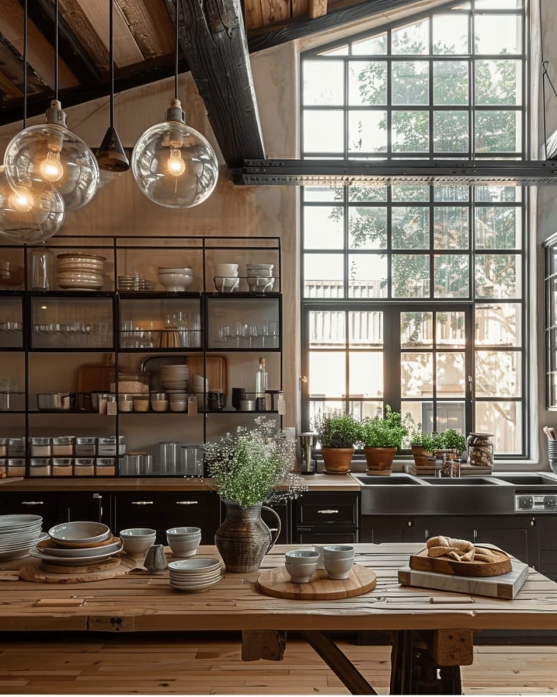 Rustic industrial kitchen featuring black metal shelving wooden farmhouse table glass globe pendants gridded windows ceramic pottery collection fresh herbs natural light